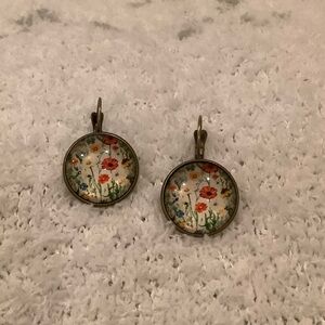 Wildflower Fields Floral Glass Cabashon Pierced  Earrings NWT Handcrafted